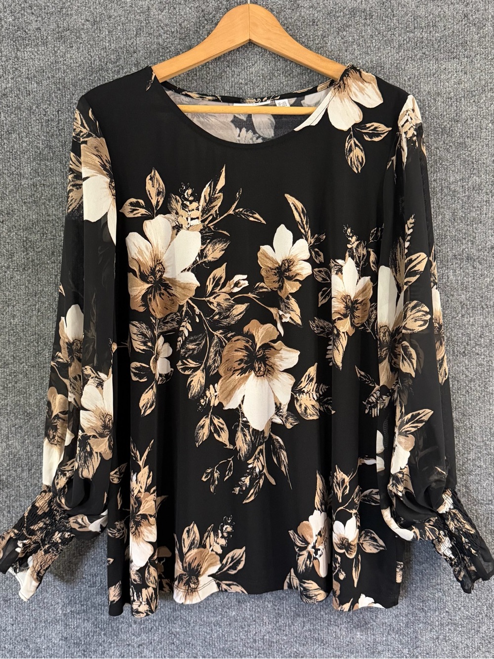 Susan Graver Petite 1X Black Tan Floral Liquid Knit Sheer Sleeve Tunic Blouse